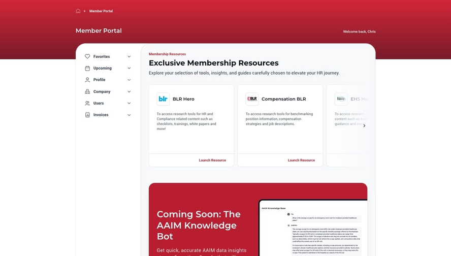 AAIMEA Member Dashboard
			website screenshot. The dashboard contains links to various member resources and also features a call to action to a forthcoming AI chatbot.