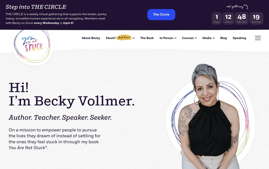 You Are Not Stuck website screenshot. The site headline is Hi! I am
			Becky Vollmer. Author. Teacher. Speaker. Seeker. and there is a headshot photo of Vollmer on the right.